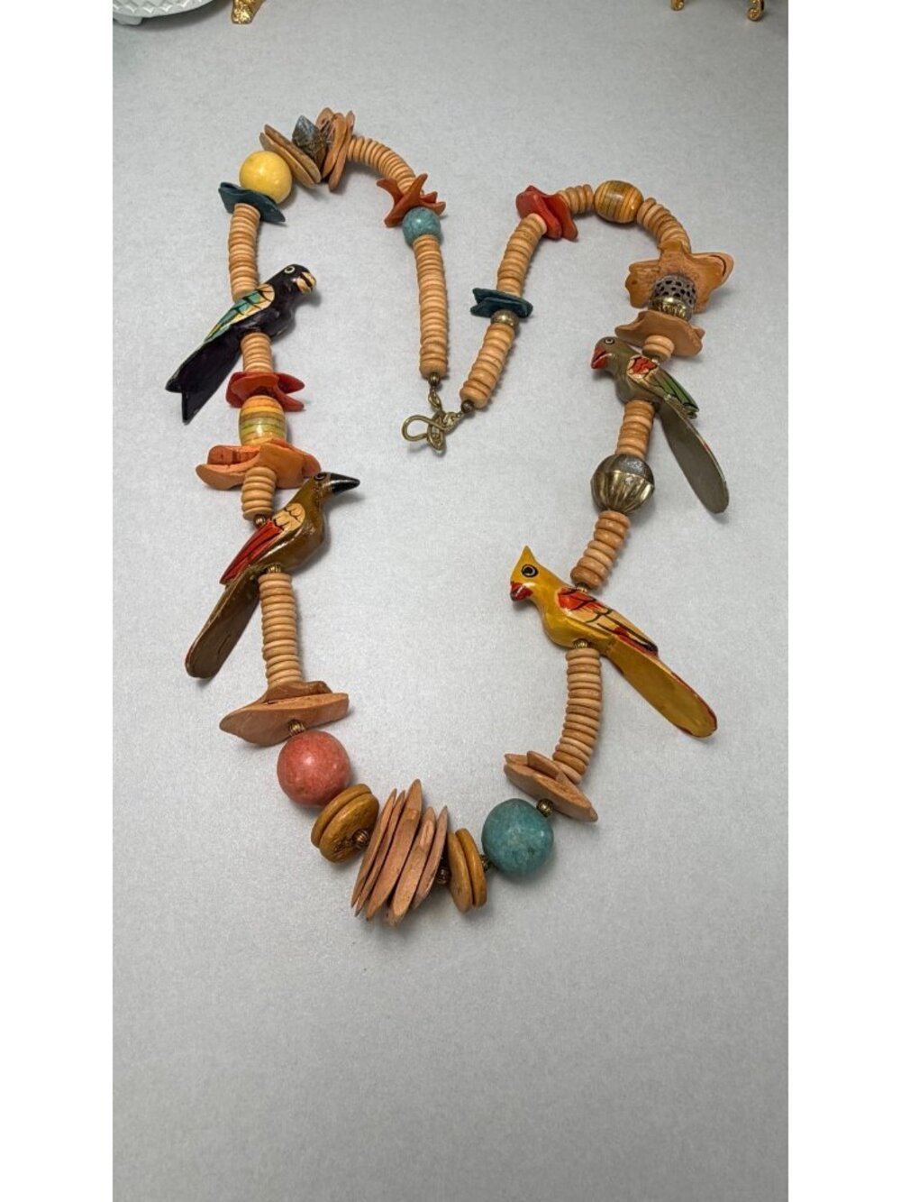 Vintage Boho Wooden Bird Necklace Colorful Handcrafted Statement Tropical